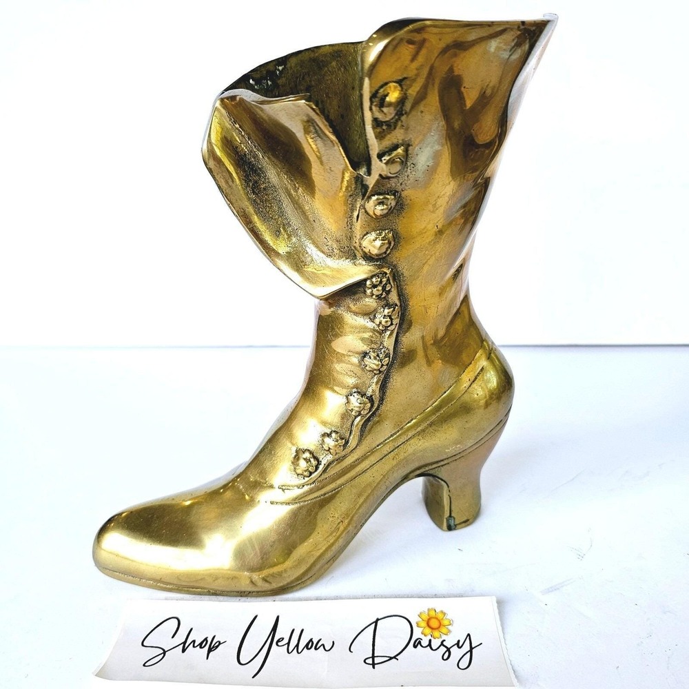 Vtg MCM‎ Leonard Silver Co Solid Brass Victorian Shoe Large Boot Vase - M522.3